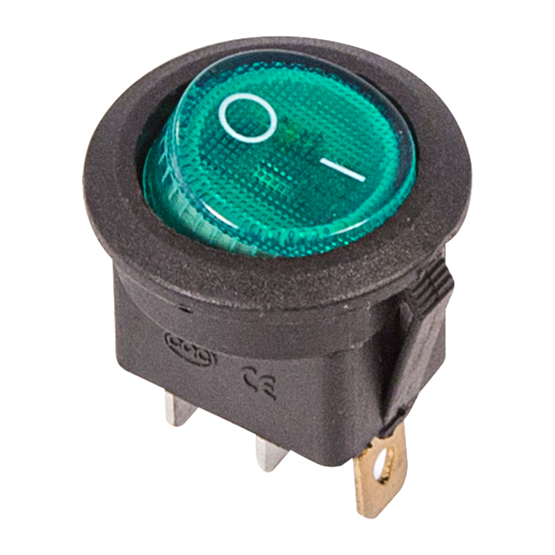 Выключатель клавишный круглый 250V 6А (3с) ON-OFF зеленый с подсветкой Rexant